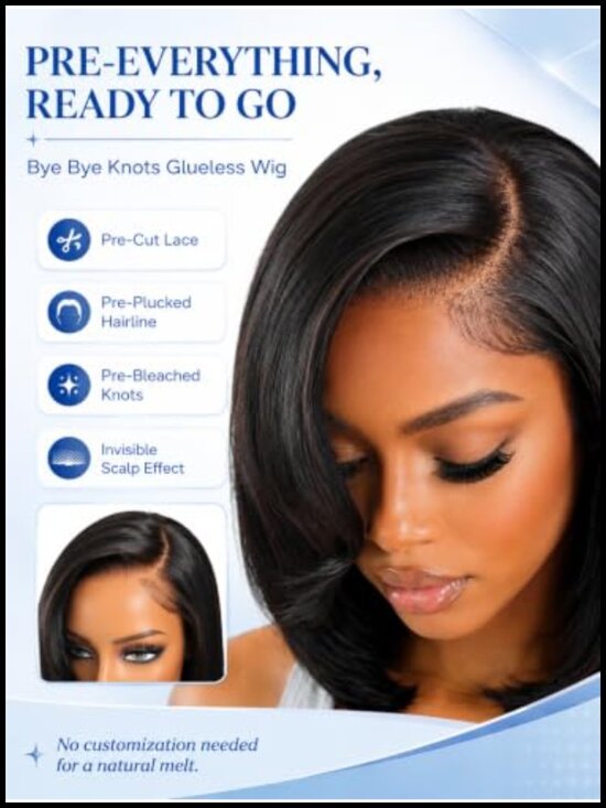 Glueless Short Layered Bob Drawstring Wig 100% Human Hair 7x5 HD Lace main image 5